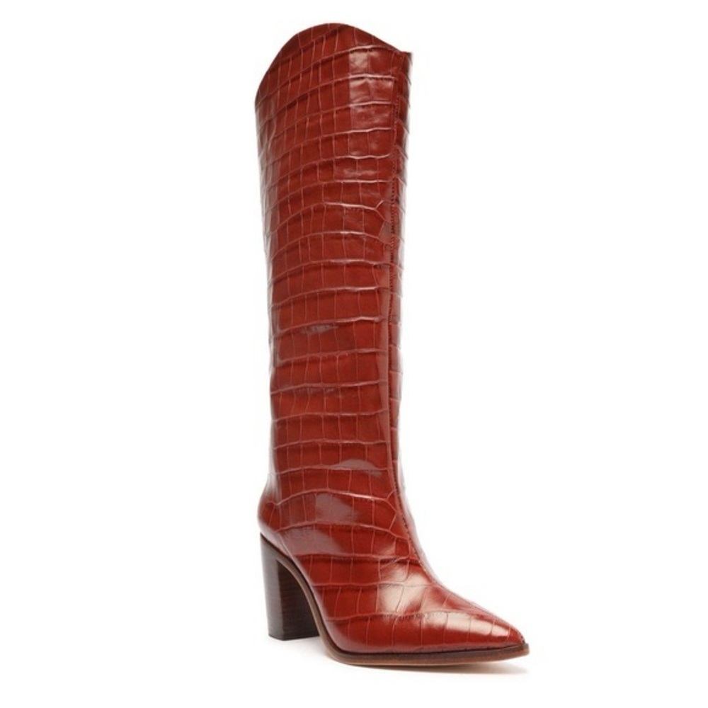 Schutz Red Croc-Embossed Knee-High Boots